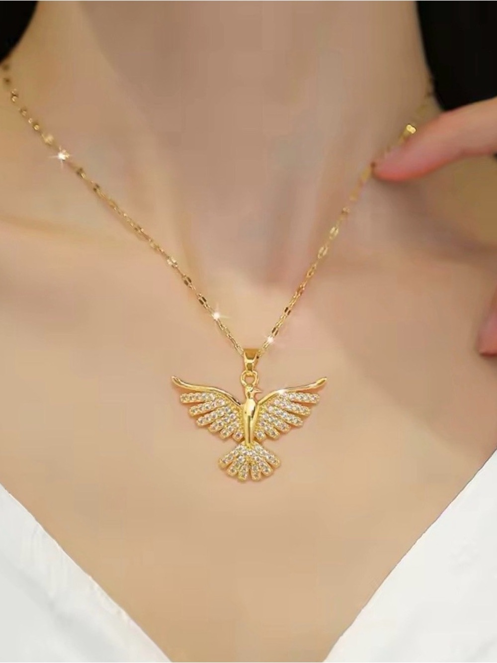 Rhinestone Gold Angel Dove Phoenix Protection Rising Up Warrior Pendant Necklace